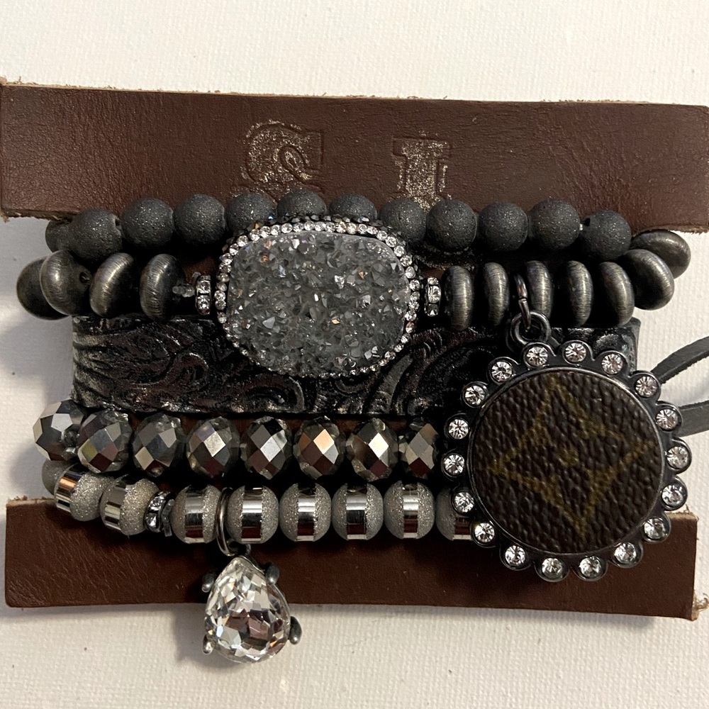 Upcycle 5 bracelet stack. Gray, silver and gunmetal. Never worn.